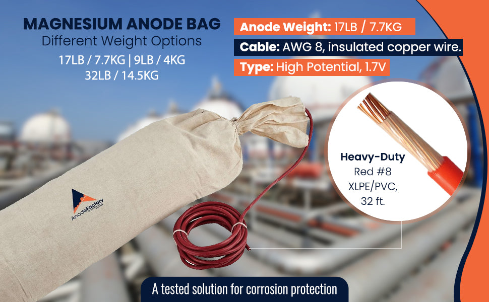 ANODO MAGNESIO CON BACKFILL 7,7KG/17lbs, 1,7V, incl. 10m, 10mm2 rosso XLPE/PVC